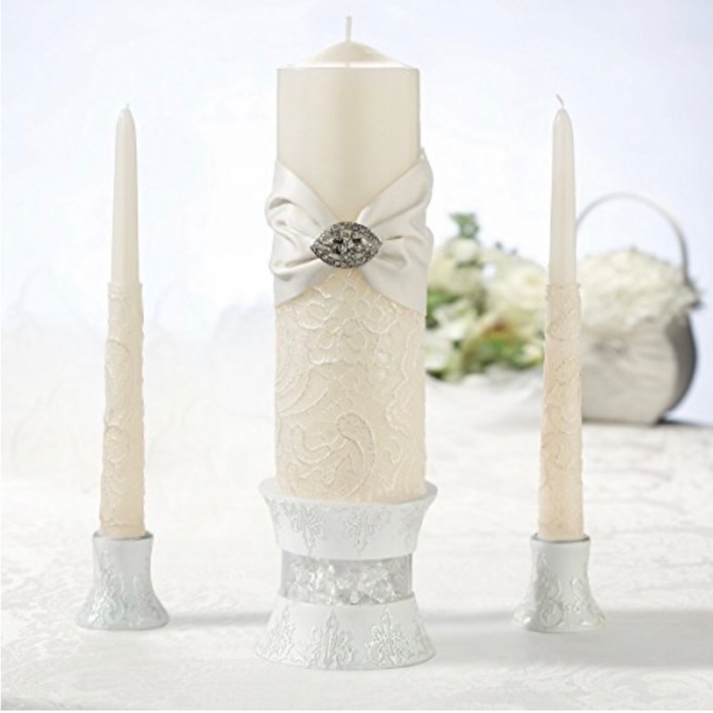 Lillian Rose Cream Lace Candle Set‎ of 3 pillar and tapers wedding ceremony